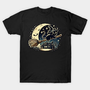 Witch Cat on Broom - Crescent Moon Magic Tee T-Shirt